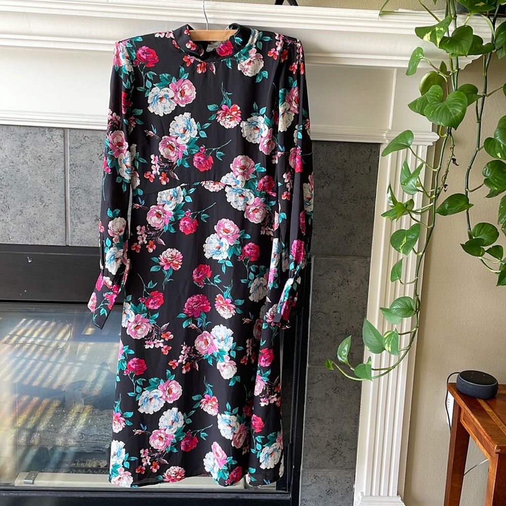 Lulu’s Garden Gal Black Floral Print Mock Neck Long Sleeve Midi Dress